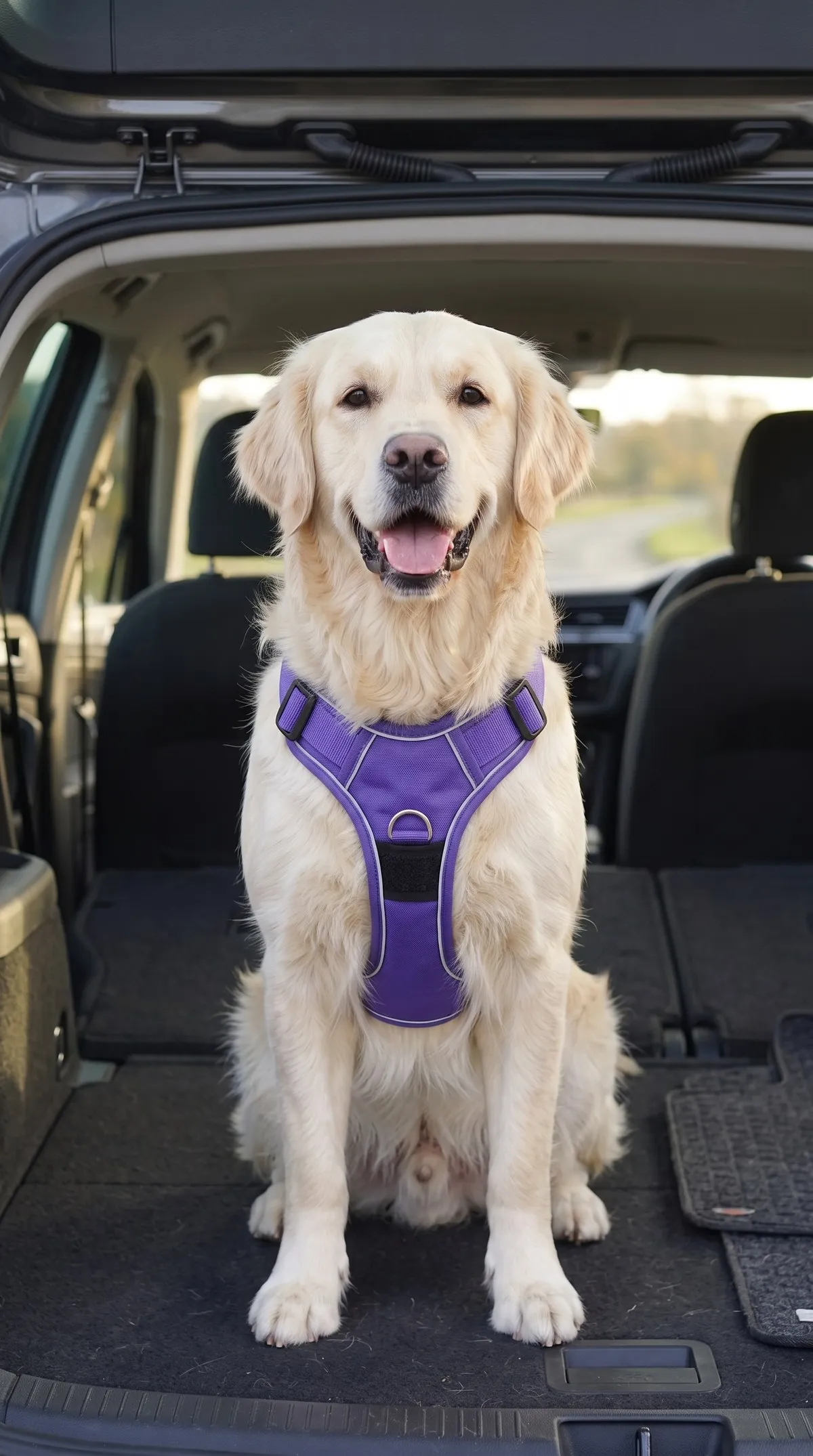 Golden retriever con arnés para perro Lissypet morado sentado en el baúl de una camioneta