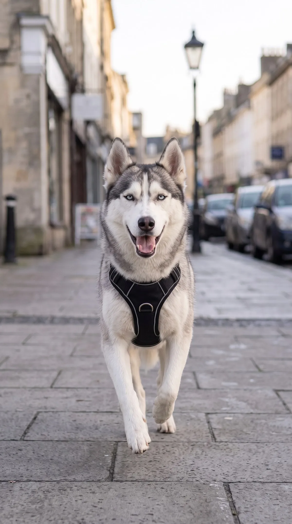 Husky siberiano con arnés para perro Lissypet negro corriendo por una calle de ciudad