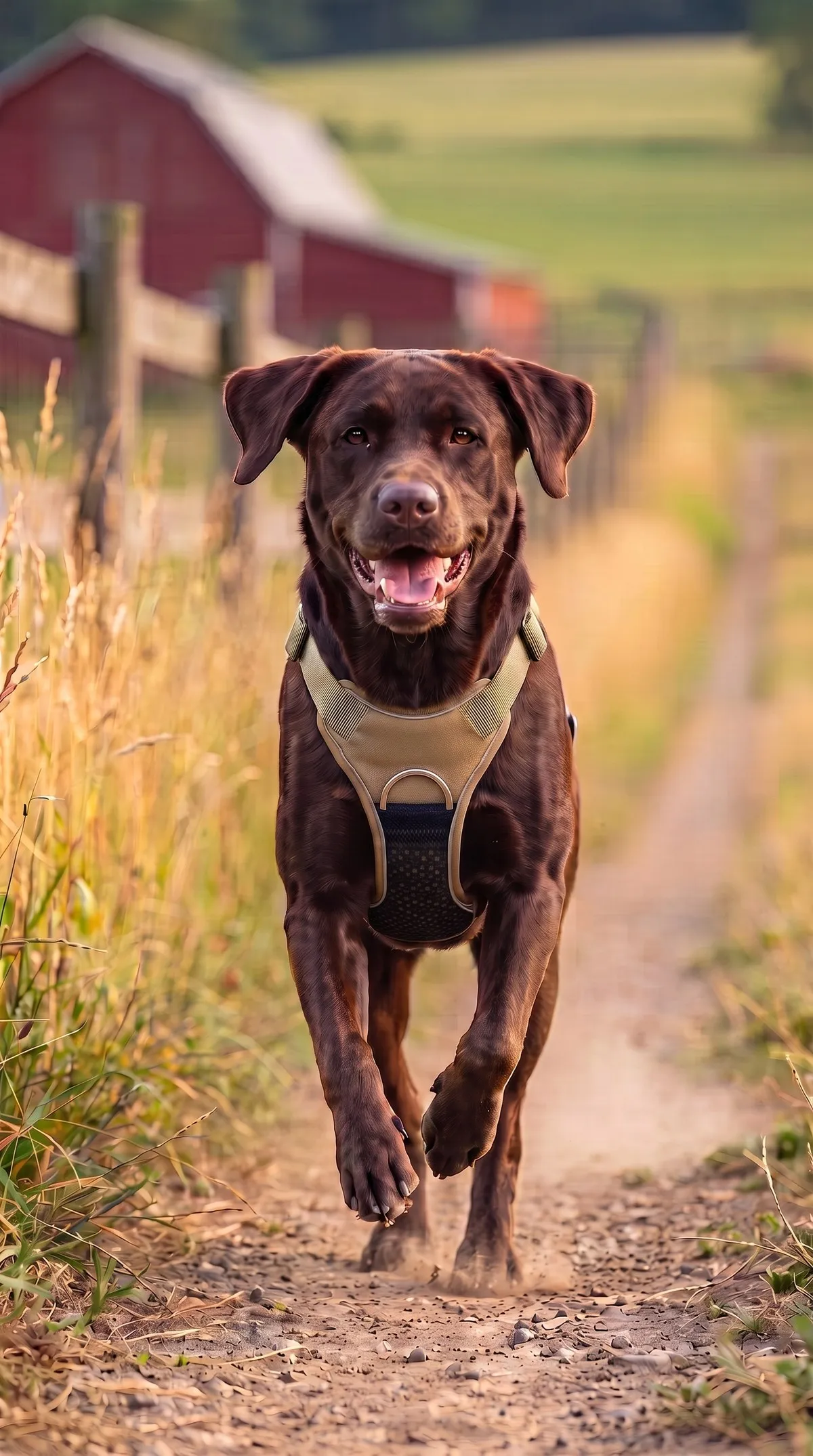 Labrador chocolate con arnés para perro Lissypet khaki corriendo por un camino de granja