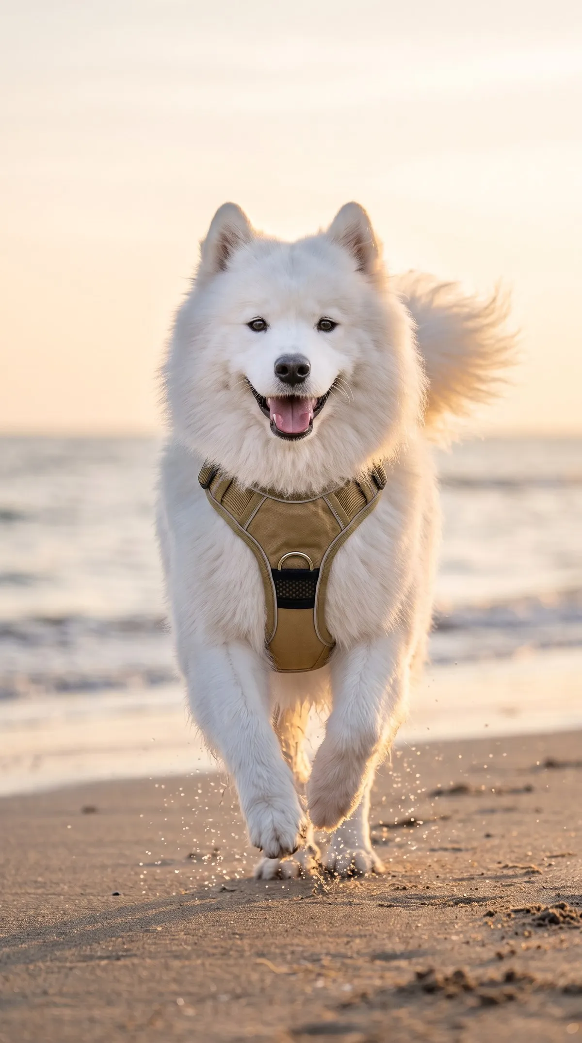 Samoyedo con arnés para perro Lissypet khaki corriendo por la arena al atardecer