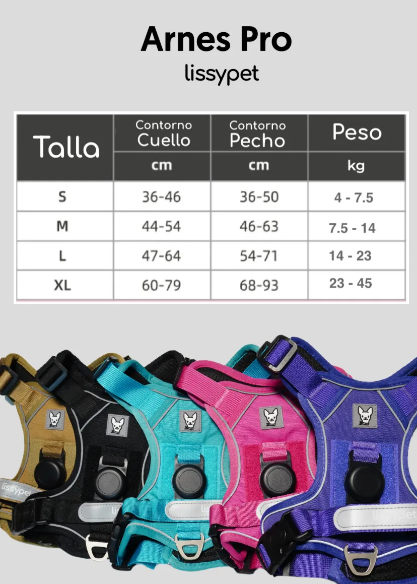 Tabla de tallas oficial del Arnés Pro de Lissypet con medidas de cuello, pecho y peso